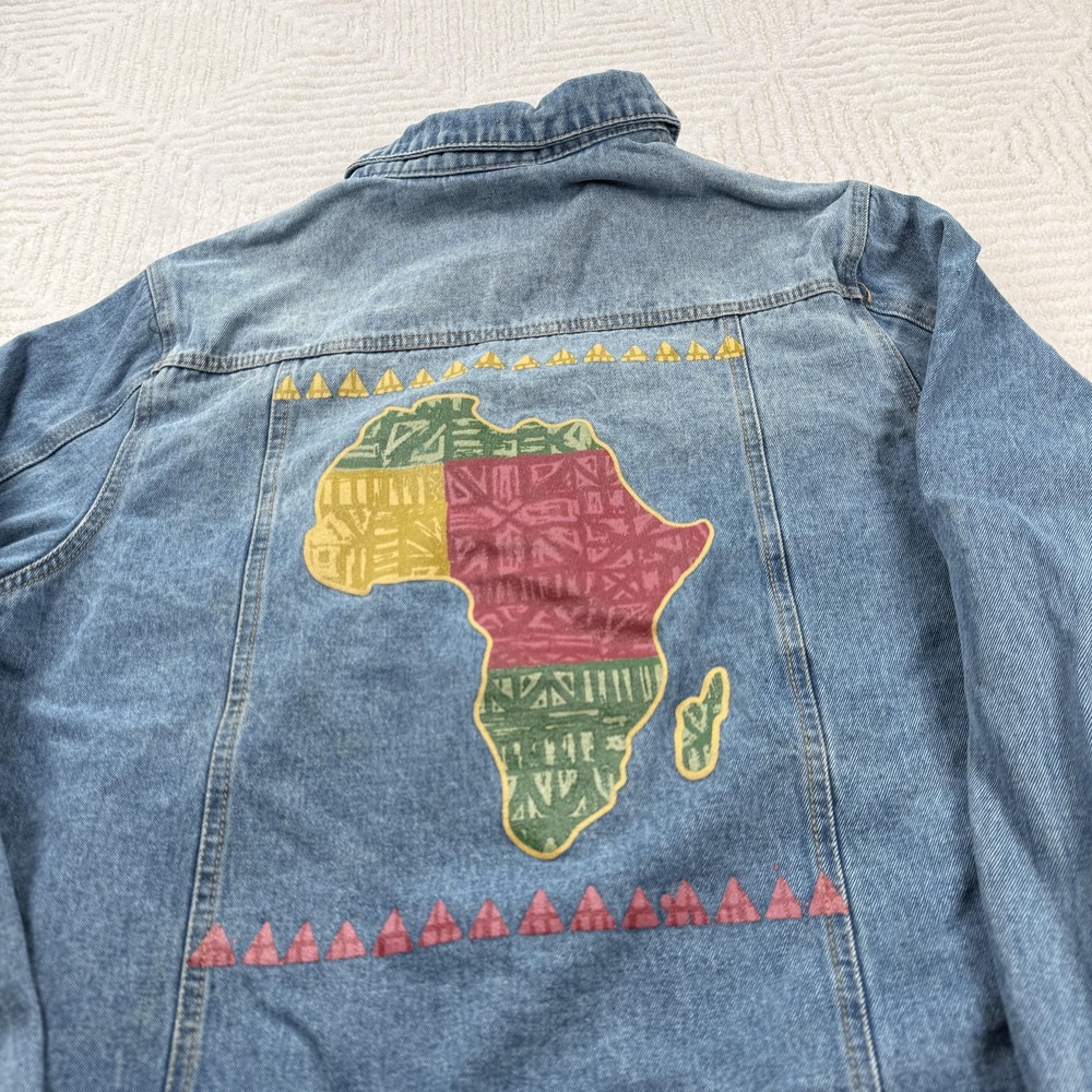 Well Worn Denim Jacket Mens Large Blue Embrace Your Roots Africa Graphic Street